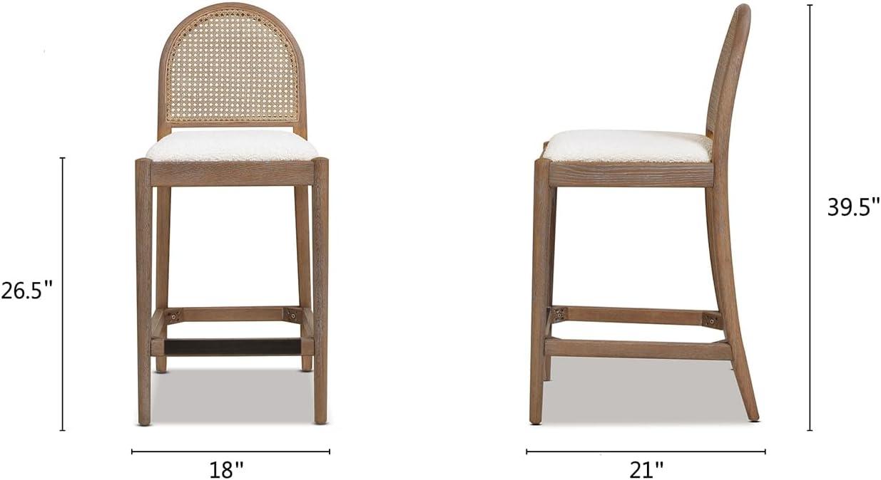 Ivory White Boucle and Oak Curved Bar Stools, Set of 2