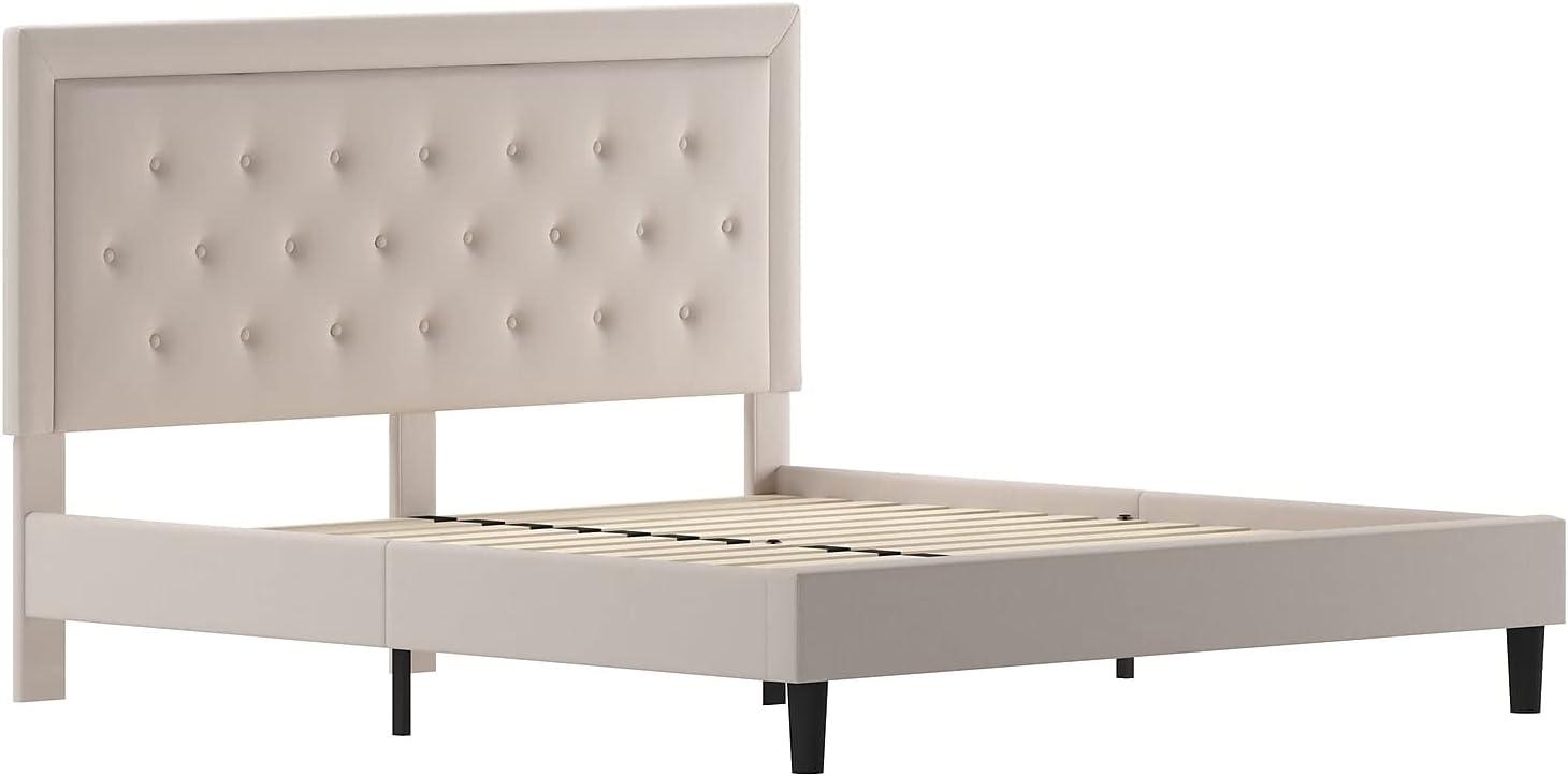Modern Beige King Size Tufted Upholstered Platform Bed with Slats