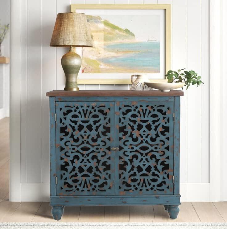 Phi Villa  2-door Retro Antique Hollow-Carved Storage Cabinet Blue