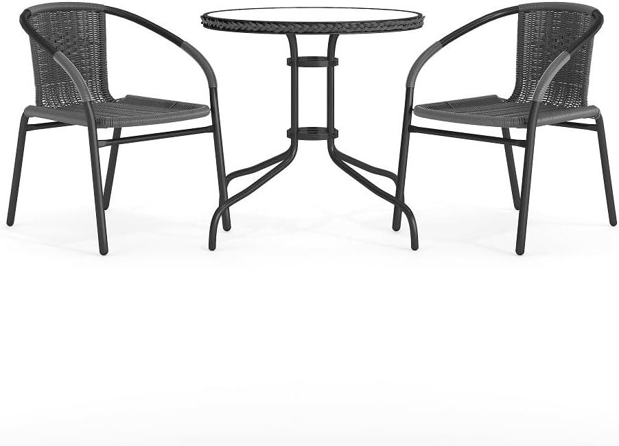 Flash Furniture Lila 28'' Round Glass Metal Table with Gray Rattan Edging and 2 Gray Rattan Stack Chairs