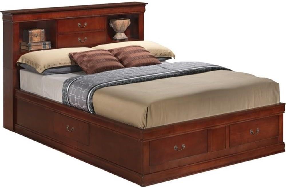 Cherry Wood King Storage Bed with Bookcase Headboard