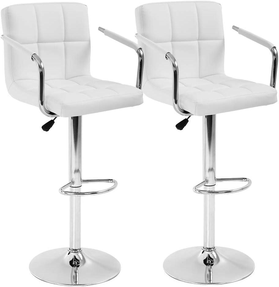 ChicCrest Tall Bar Stools Set of 2 Modern Square PU Leather Adjustable BarStools Counter Height Stools with Arms and Back Bar Chairs 360 Swivel Stool White