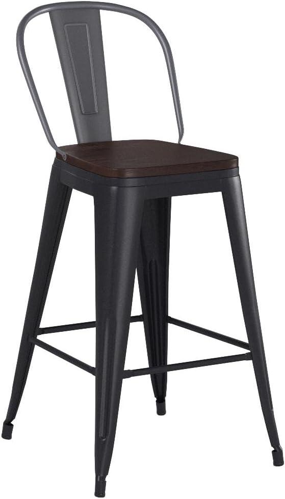 Set of 4 Black Metal and Wood Counter Height Bar Stools