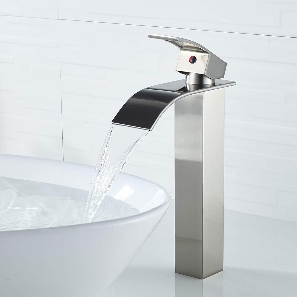 VOTON Vessel Sink Faucet Brushed Nickel Modern Tall Waterfall Bathroom Sink Faucet Single Handle Bathroom Faucet 1 Hole Bowl Lavatory Vanity Faucet, Rv Sink Camper Farmhouse Bathroom Faucet
