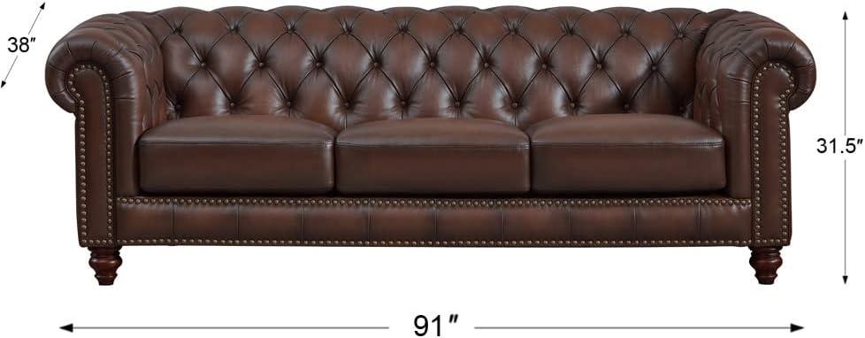 Caramel Brown Leather Chesterfield Sofa with Nailhead Trim