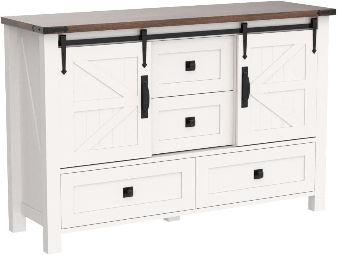 Antique White Farmhouse Dresser with Sliding Barn Doors and Drawers