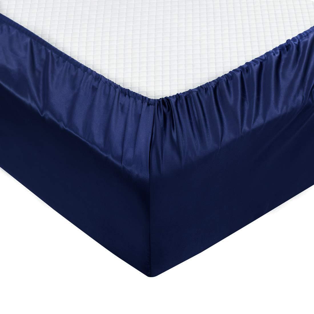 TREELY 6 Piece King Size Satin Sheet Set - Navy Blue, Deep Pocket, Fitted Sheet, Flat Sheet, 4 Pillowcases