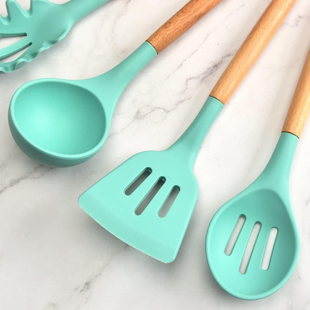 AUMIY   Cooking Utensil Set 12 Pcs Silicone Kitchen Utensils Set Silicone Spatula Set Wooden Utensil Set Silicone Utensils For Cooking