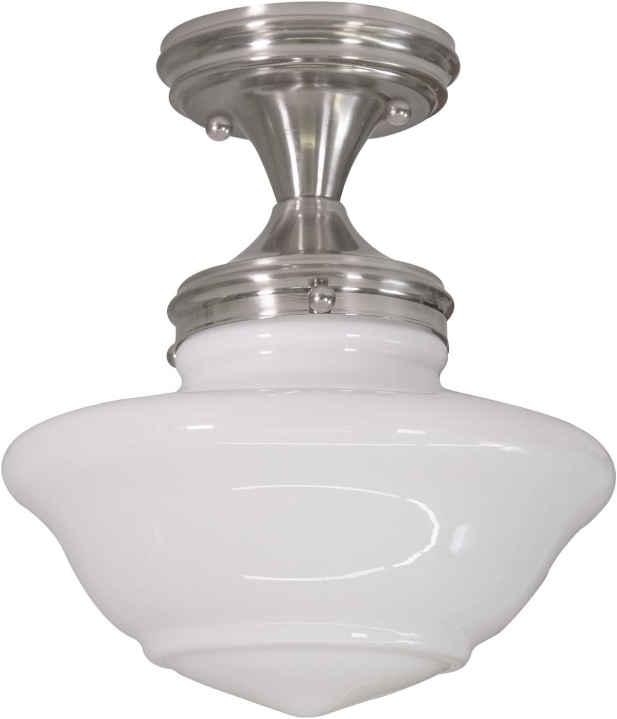 Design House 577494 Schoolhouse Semi Flush Mount Modern Vintage Farmhouse Indoor Dimmable Ceiling Light with White Glass for Entryway Hallway Kitchen Dining Bar Area, Satin Nickel