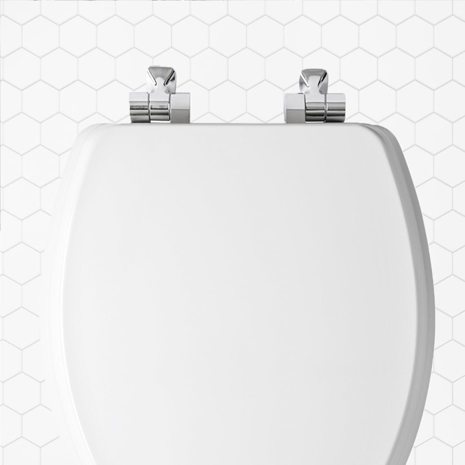 Bennett Toilet Seat with Metal Hinges, Slow Close Wood Seat, Easy Install, Elongated, White