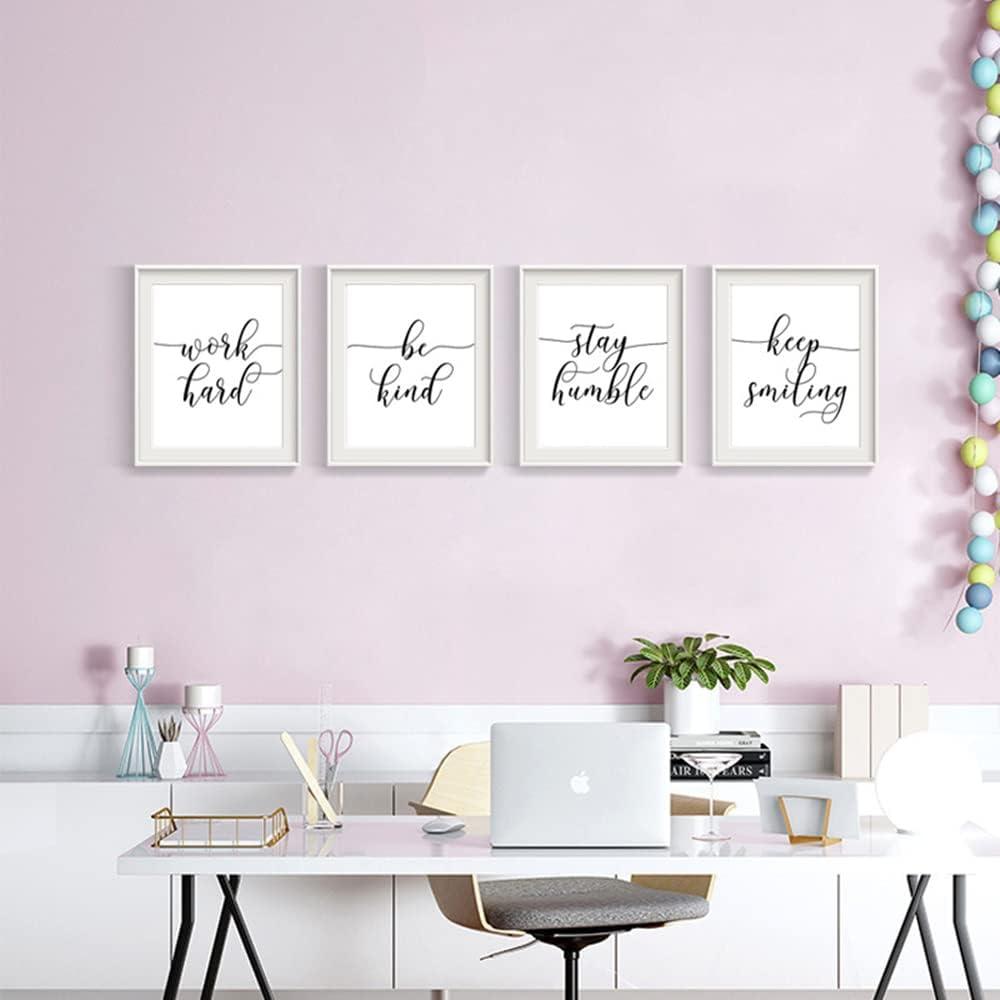 Work Hard. Be Kind. Stay Humble. Keep Smiling. Black and White Minimalist Motivational Wall Art. 4 Set (8 x 10). Unframed.