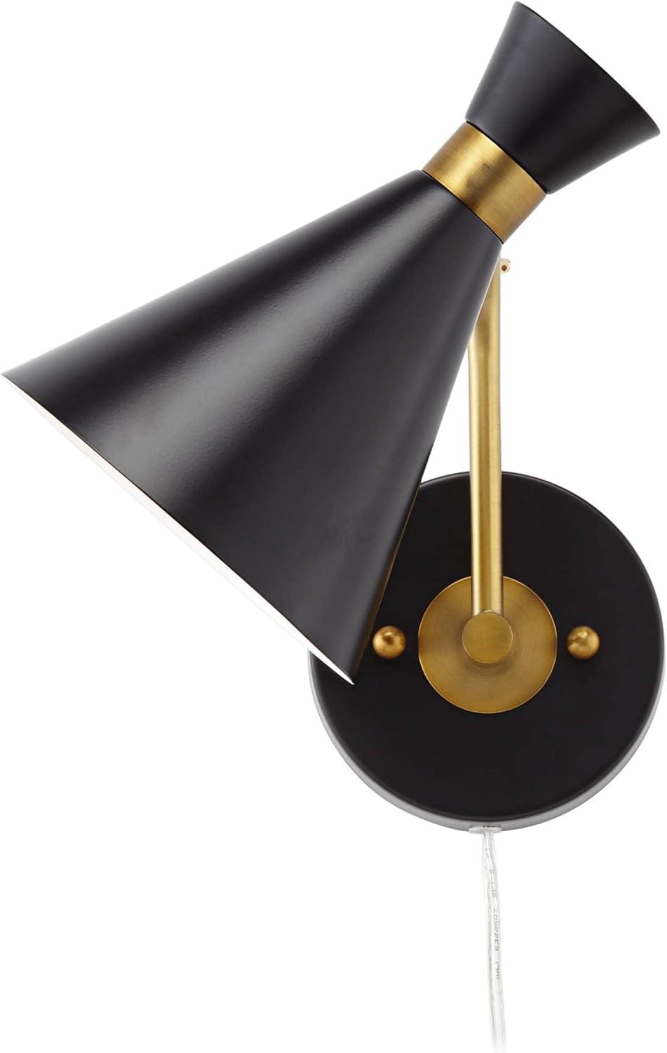 360 Lighting Venice Mid Century Modern Wall Lamps Set of 2 Matte Black Brass Plug-in 6 1/4" Light Fixture Cone Shade for Bedroom Reading Living Room