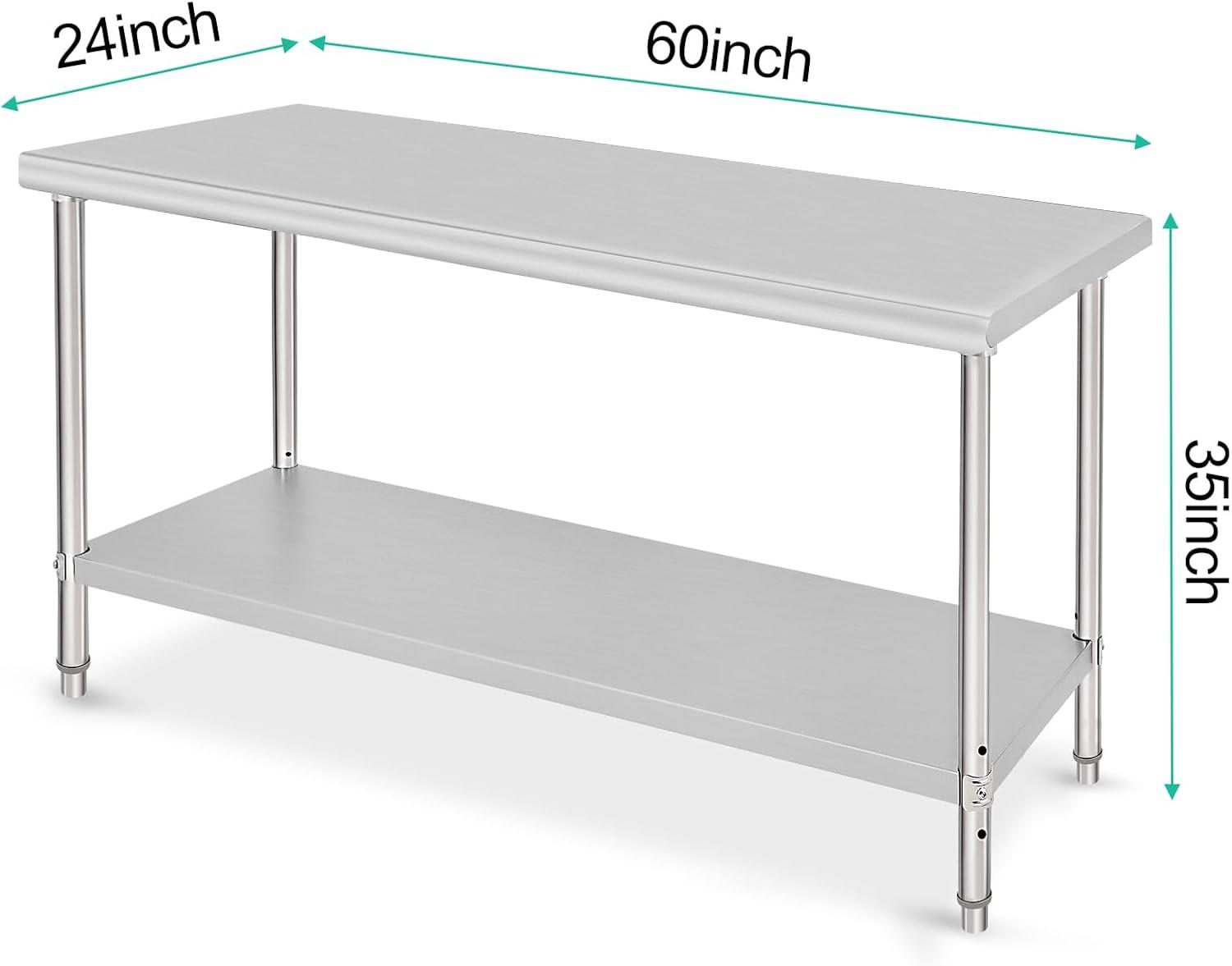 Stainless Steel Table for Prep & Work 60*24*35inch, NSF Commercial Heavy Duty Table with Undershelf and Galvanized Legs for Restaurant, Home and Hotel