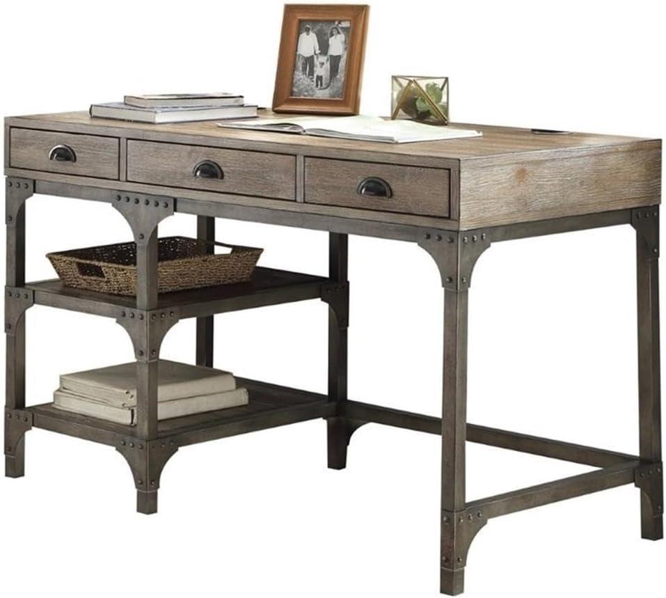 Weathered Oak and Antique Silver Writing Desk with Drawers and Shelves