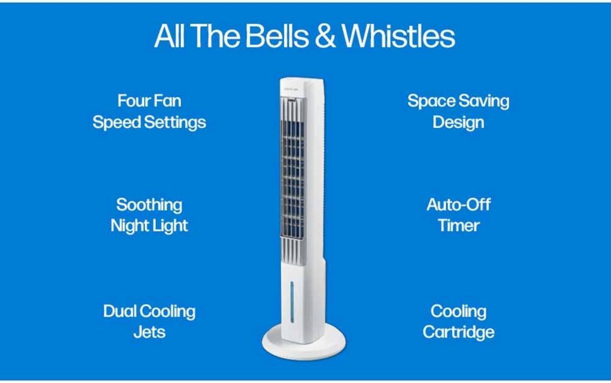 Arctic Air Tower +: Electric Portable Cooling Fan, Quiet Operation, 4 Speeds, Black, 103 CFM, No Assembly Required