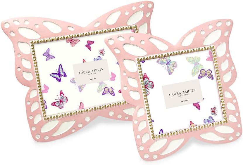 Laura Ashley 4x6 Horizontal Pink Resin Butterfly Picture Frame with Dotted Edges, Photo Frame with Black Fabric Easel, Made for Tabletop & Wall-Hanging Display (6x4, Pink)