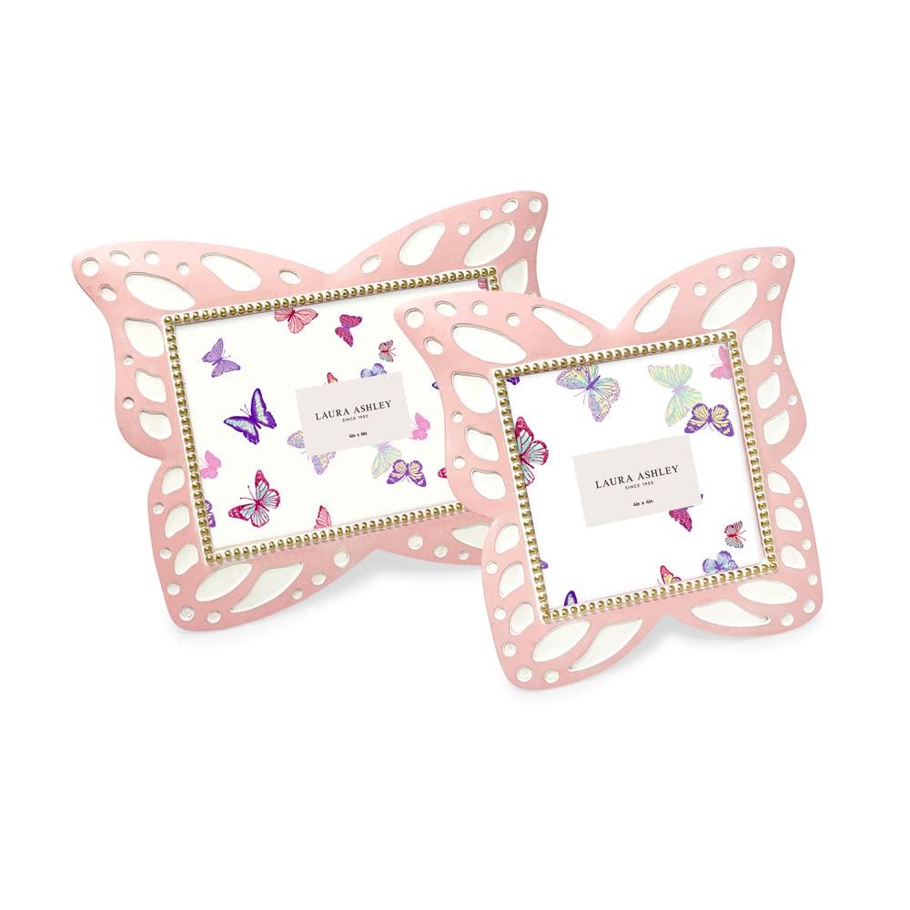 Laura Ashley 4x6 Horizontal Pink Resin Butterfly Picture Frame with Dotted Edges, Photo Frame with Black Fabric Easel, Made for Tabletop & Wall-Hanging Display (6x4, Pink)