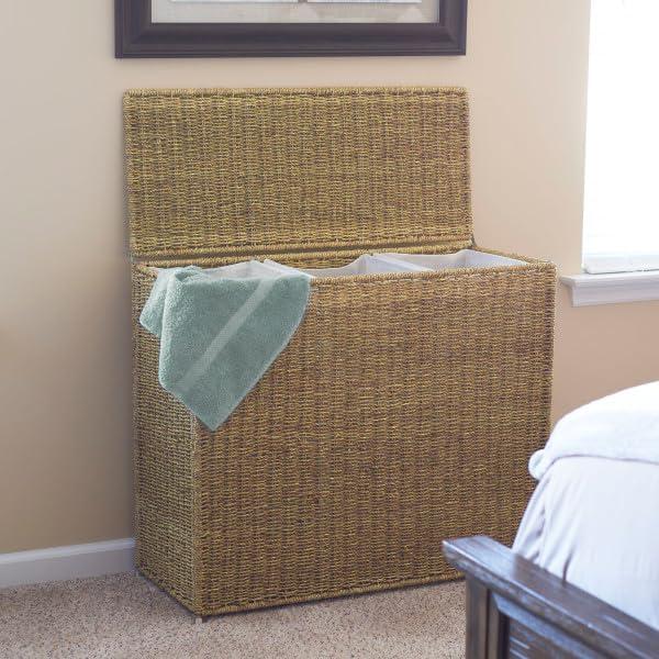 3 Compartment Laundry Sorter, Wicker Laundry Sorter, Gray