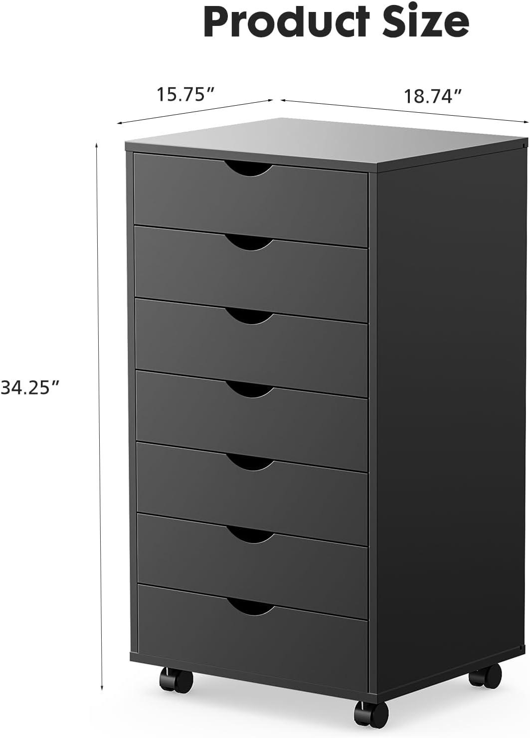 Black Modern 7-Drawer Mobile Wood Filing Cabinet