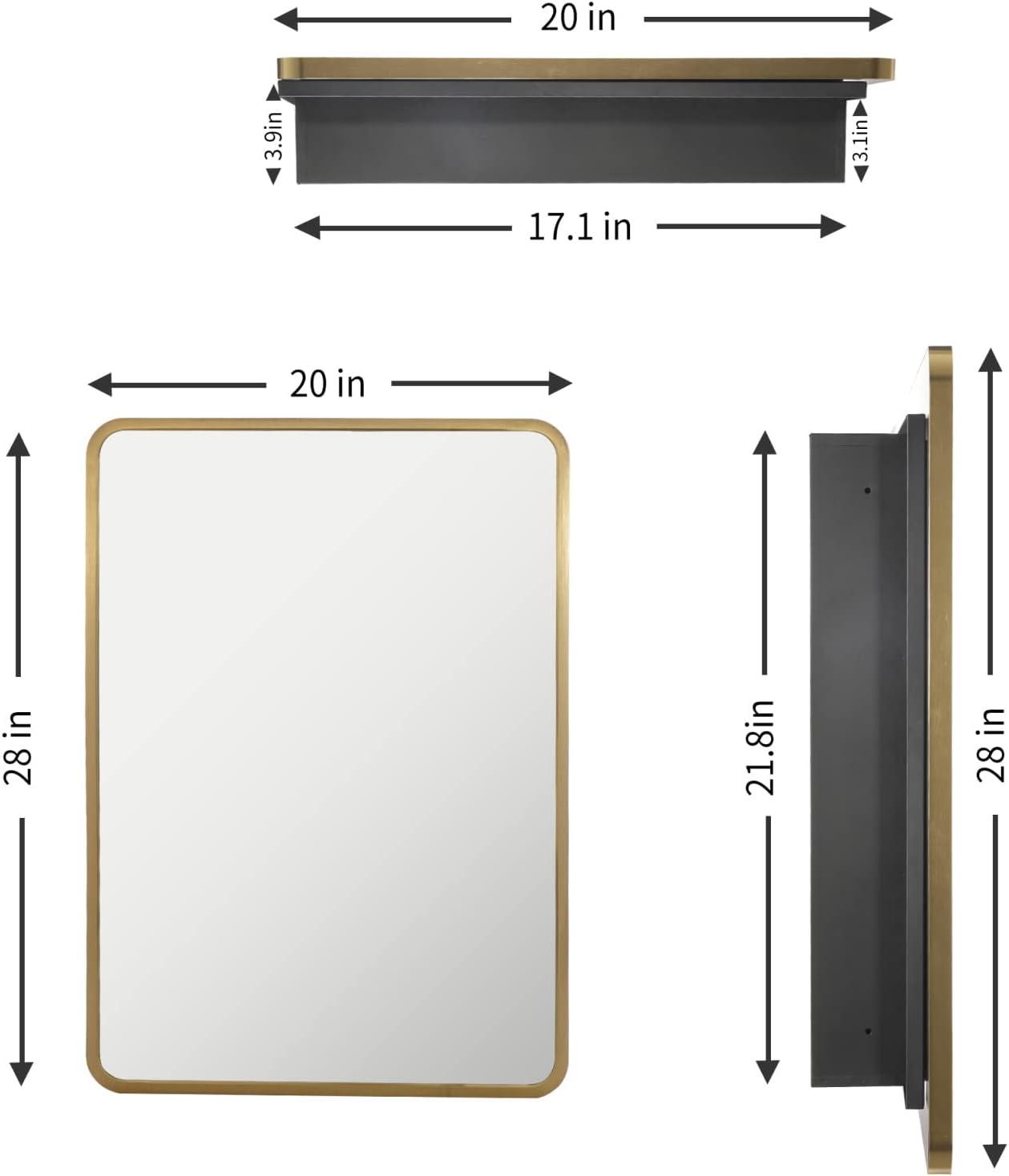 Movo Mirror Medicine Cabinet 20 Inch x 28 Inch Gold Metal Framed Bathroom Medicine Cabinet with Mirror Rectangle Recess or Surface Mount Installation