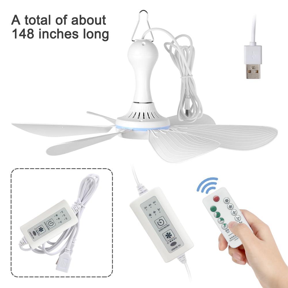 USB Mini Small Ceiling Fan quiet Camping RV Fans Emergency Portable Outdoor Hanging Gazebo Canopy Dorm Fans Silent For Tent,Hiking,Outages Home Room with Remote Battery operated,Power Bank powered