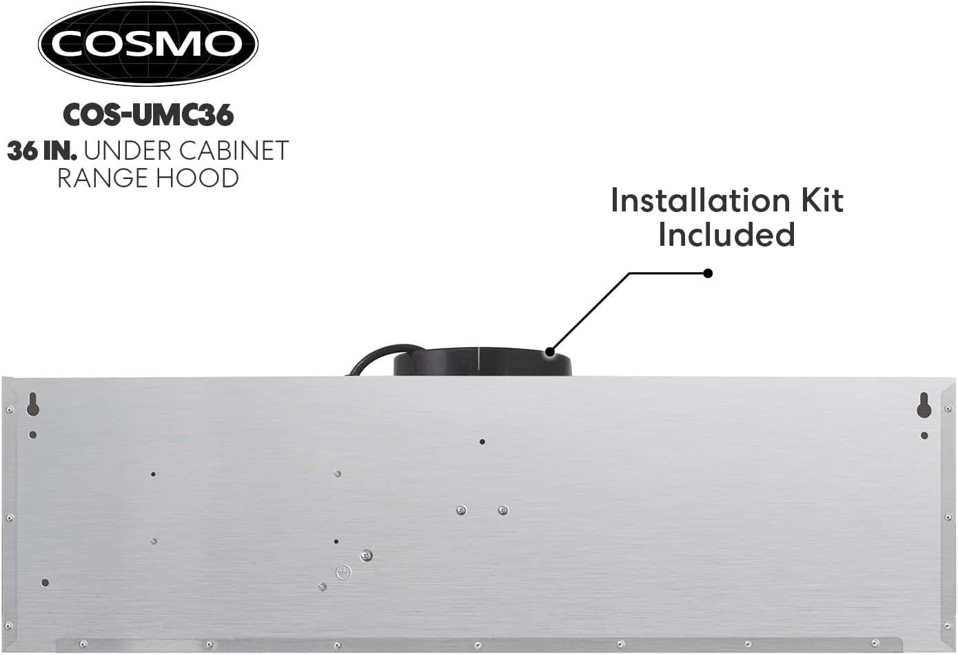 Cosmo 36" Stainless Steel 380 CFM Ducted (Vented) Under Cabinet Range Hood with Baffle Filter