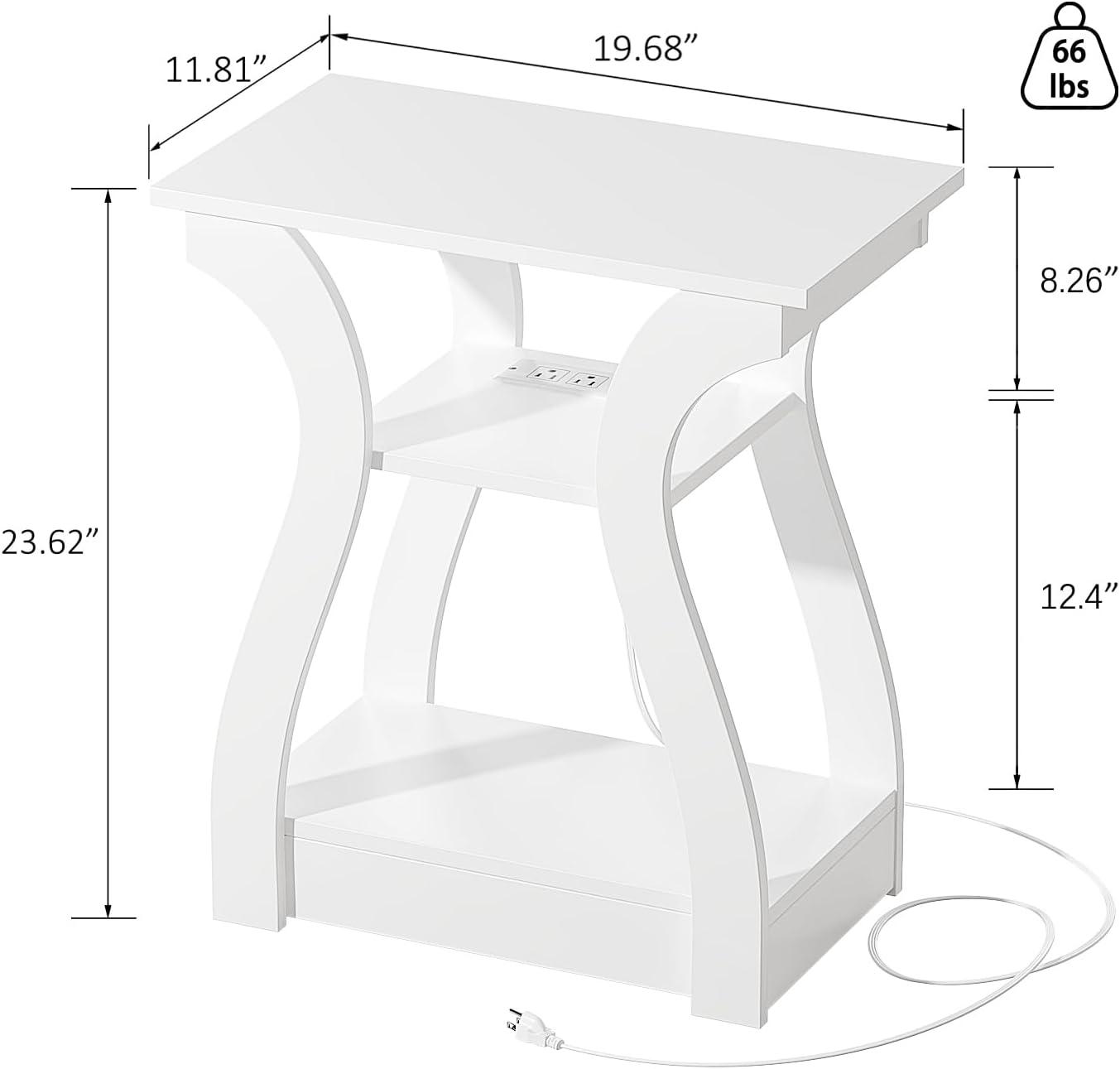 End Table Set of 2 with Charging Station, Side Table with USB Ports and Outlets, Nightstand, 3 Tier End Table with Storage Shelf for Living Room, Bedroom(White Set of 2)