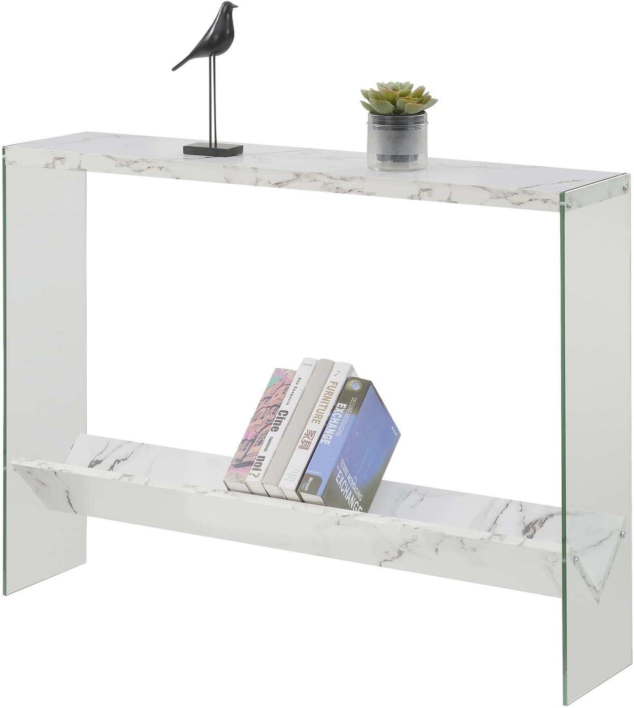 Convenience Concepts SoHo Glass V Console Table with Shelf, White Faux Marble/Glass