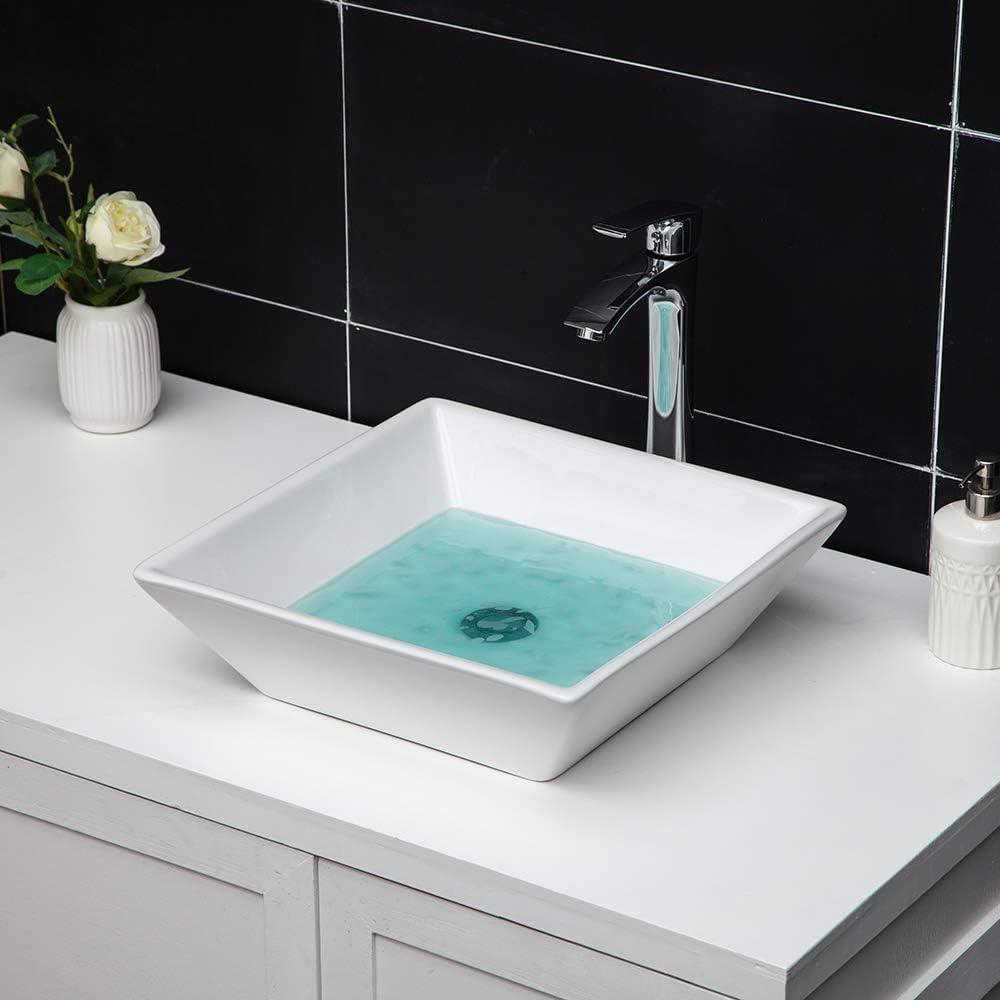 Sinber 16" x 16" x 4.92" White Square Ceramic Countertop Bathroom Vanity Vessel Sink BVS1616A-OK