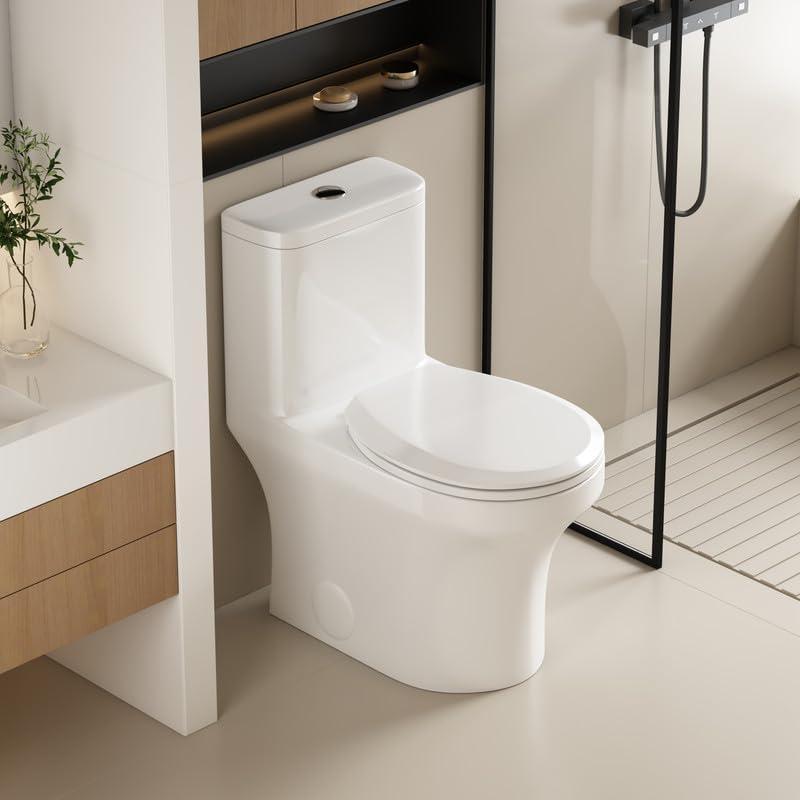 Albriya A1854 One Piece Toilet, Modern Elongated Toilet Power Dual Flush 1.1/1.6 GPF with Comfortable Chair Seat ADA Height 16 1/4’’ for Bathroom, 12’’ Rough-In, MaP 1000g, Grey
