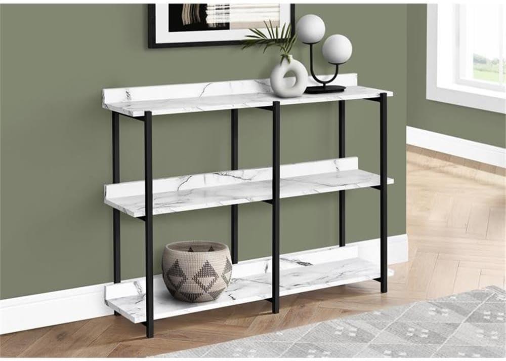 Monarch Specialties Accent Table Console Entryway Narrow Sofa Living Room Bedroom White Marble Look Laminate Black Metal Contemporary Modern