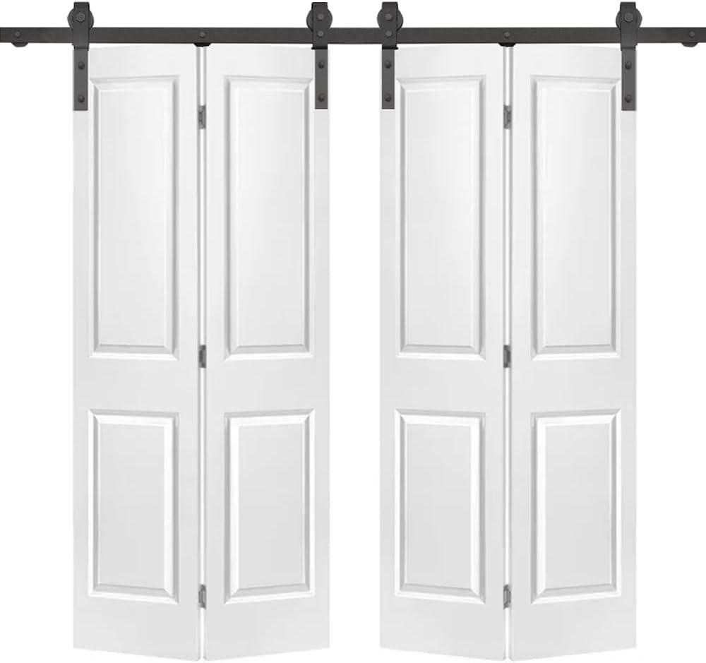 72 in. x 80 in. Hollow Core 2 Panel White Painted MDF Composite Double Bi-Fold Barn Doors with Sliding Hardware Kit