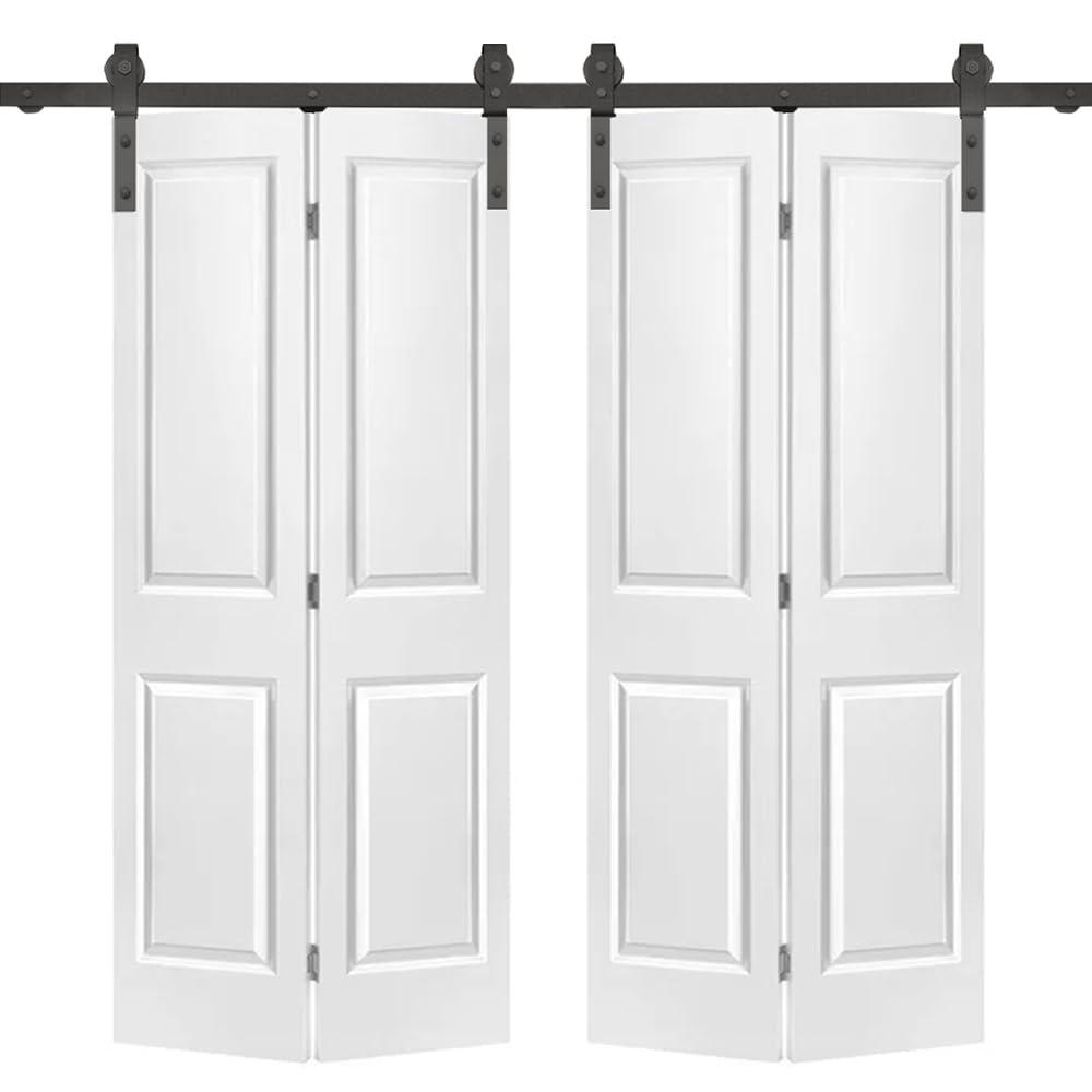 72 in. x 80 in. Hollow Core 2 Panel White Painted MDF Composite Double Bi-Fold Barn Doors with Sliding Hardware Kit