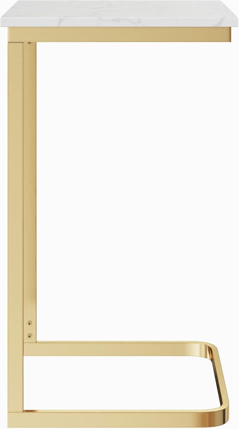 C-Shaped End Table - Real Marble Side Table with Gold Iron Frame for Couch, Loveseat, or Bed - Modern Living Room Furniture by Lavish Home (White)
