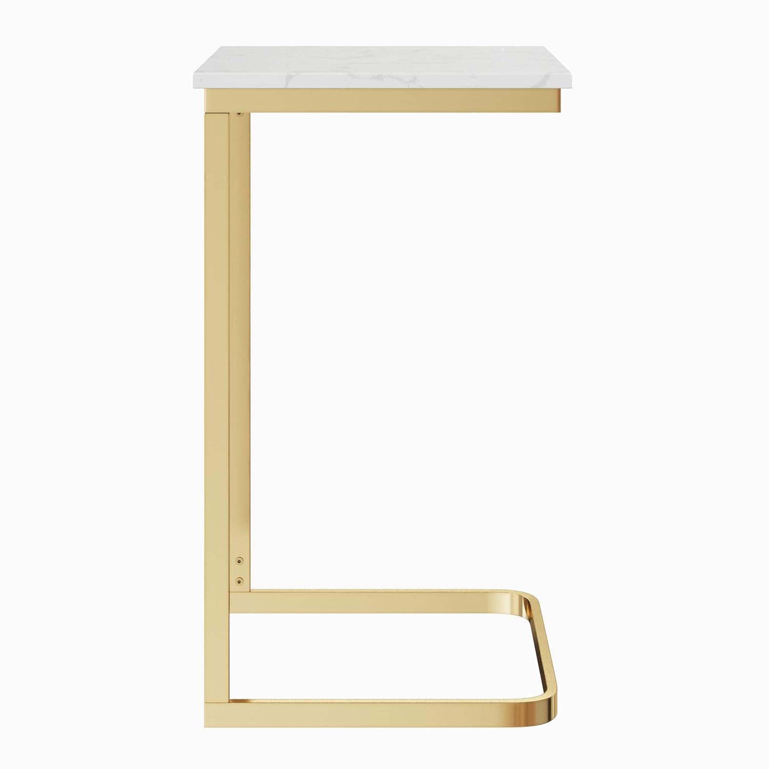 C-Shaped End Table - Real Marble Side Table with Gold Iron Frame for Couch, Loveseat, or Bed - Modern Living Room Furniture by Lavish Home (White)
