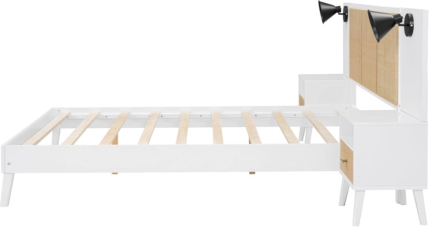 Queen Size Solid Wood Bed Frame with 2 Nightstands, Elegant Rattan and Wood Combination Platform Bed with Lamps, White - ModernLuxe