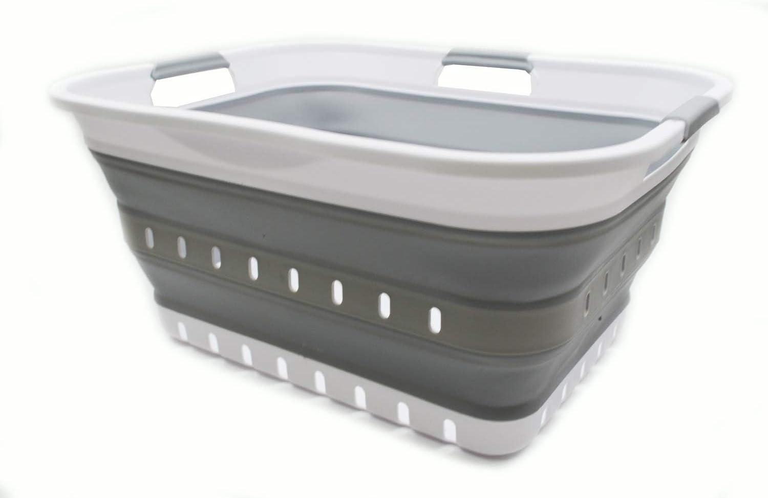SAMMART 42L (11 gallon) Collapsible Plastic Laundry Basket, White/Grey