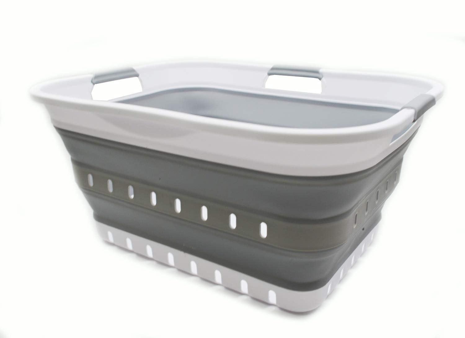 SAMMART 42L (11 gallon) Collapsible Plastic Laundry Basket, White/Grey