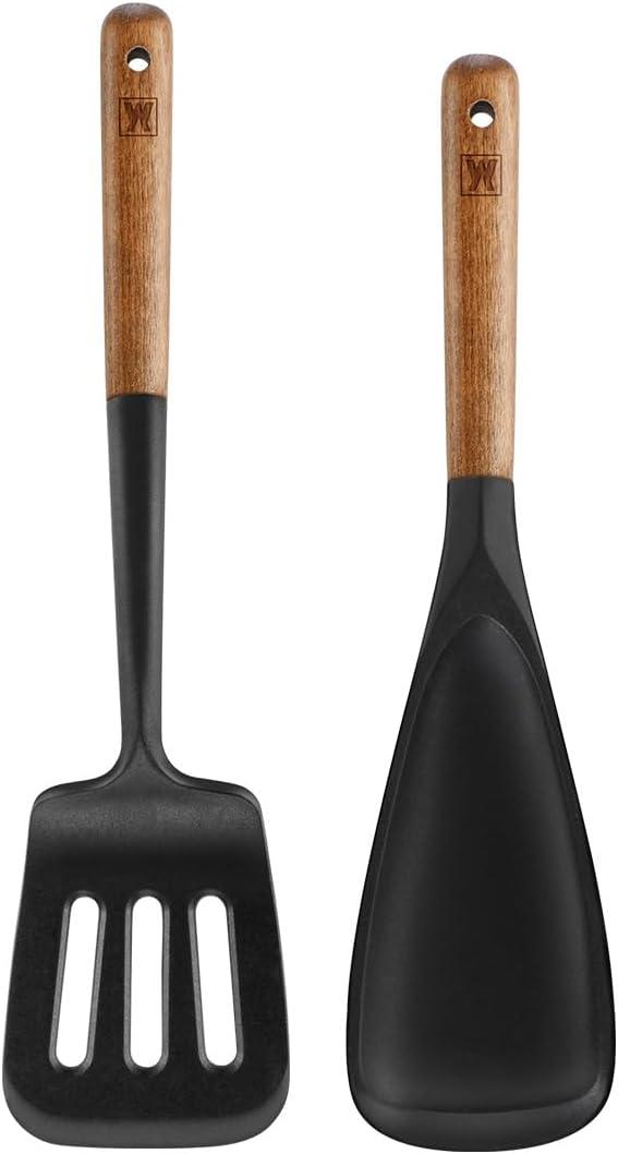 Silicone Head cooking & Serving Spoon + Slotted Spatula Set: Cookling Utensil with Long Wooden Handles, Heat Resistant Cookware, Protects Surfaces with Gentle Head Design