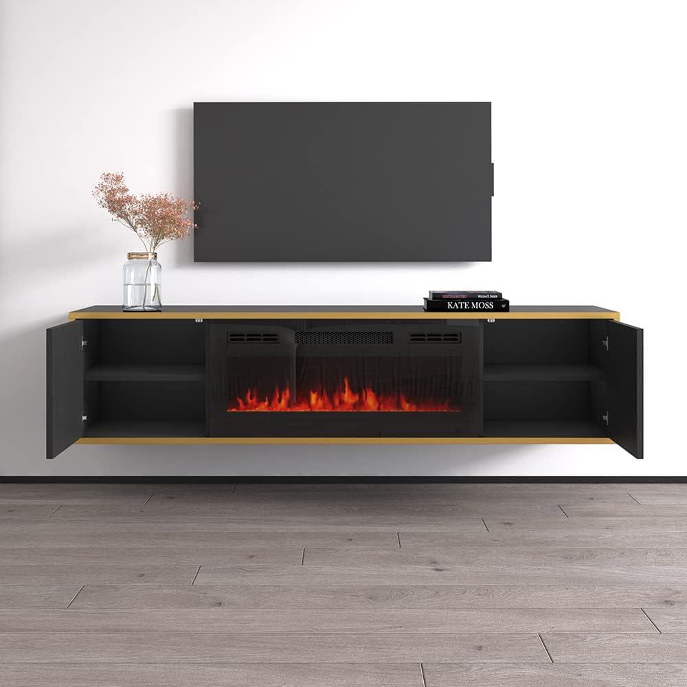 Goldie BL-EF Floating Fireplace TV Stand for TVs up to 75", Modern High Gloss 65" Entertainment Center, Wall Mounted Electric Fireplace TV Media Console with Storage Cabinets