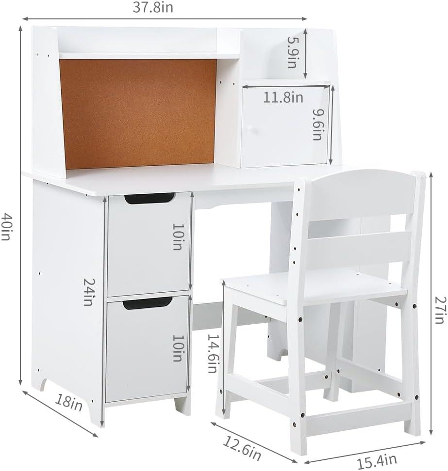 Soonbuy Kids Desk, Wooden Study Desk and Chair Set for Children, Writing Desk with Storage for 3-8 Yrs Boys Girls,White