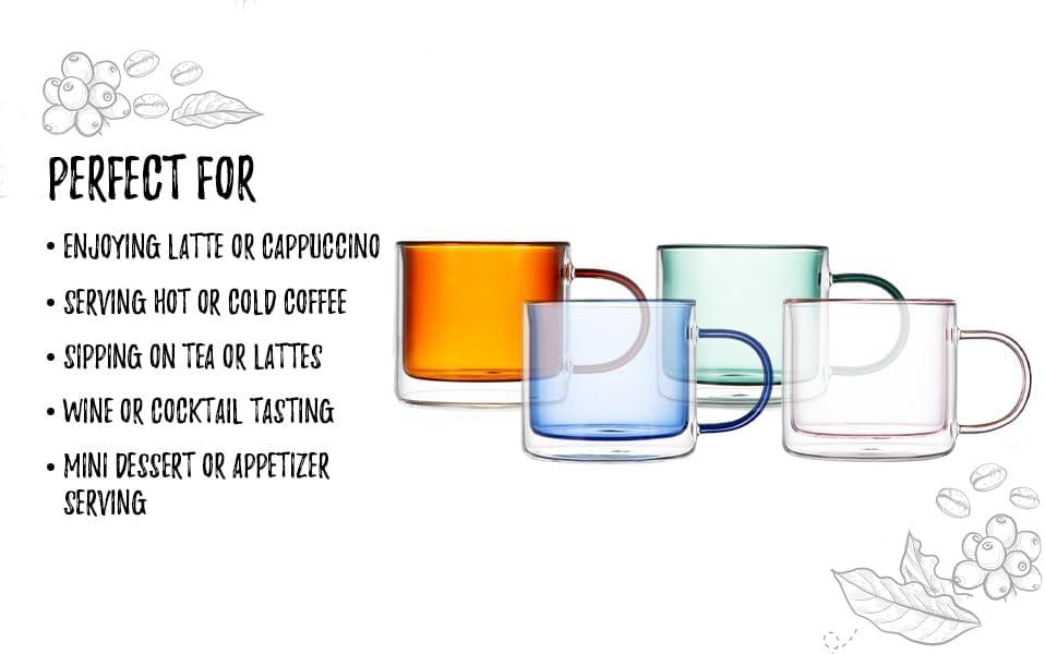 bacimi Bacimi Double Wall Insulated Coffee Mugs (set Of 4 / 9oz) - Clear Borosilicate Mug With Handle - Thermal Drinking Cups For Espresso, Cappuccino, Latte, Tea (Set of 4)