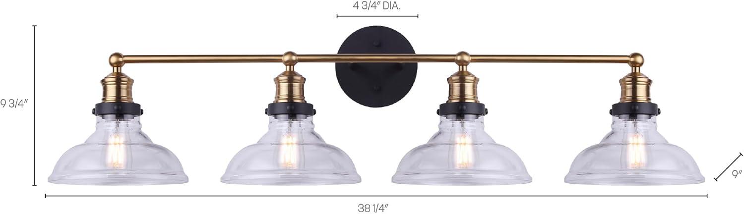 LORA Modern Farmhouse Vanity Light – 4-Light Industrial Bathroom Fixture, Matte Black & Gold Finish, Clear Glass Shades, 100W Type A, 38.5" Wide Over Mirror Wall Sconce