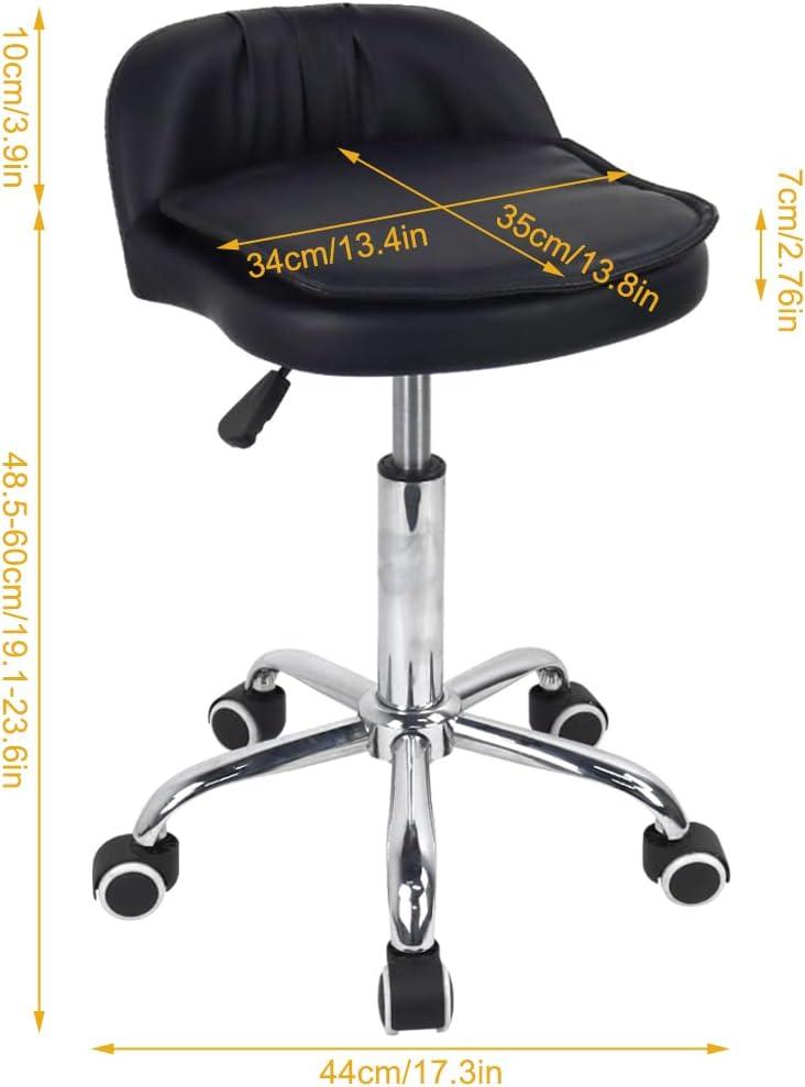 Rolling Stool Height Adjustable 360° Swivel with Universal Casters Leather Cushion with Low Back Rolling Chair with Wheels for Office Kitchen Desk Home Salon Shop Lab Bar Counter (Black)