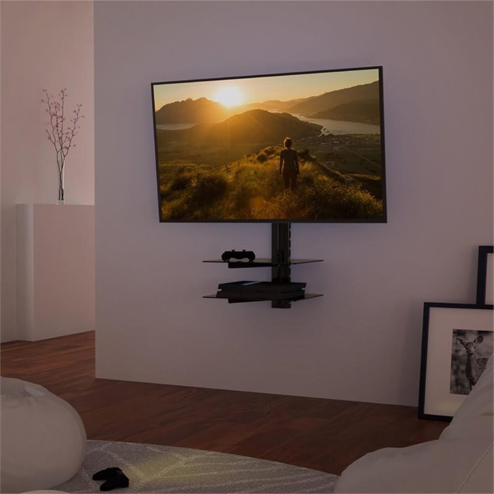 Black Steel Tilt and Turn TV Mount with Tempered Glass Shelves