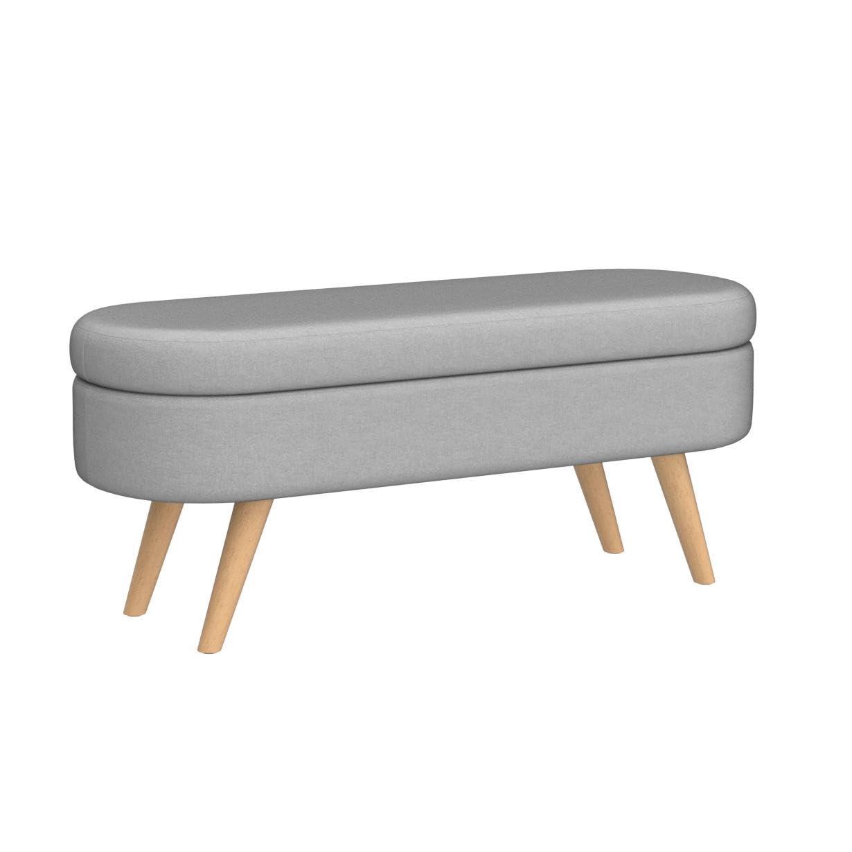 Sumdeal 43.5" Storage Ottoman Bench with 250lb Seating, Linen Upholstered Wood Legs Safety Hinge Flip Top Oval Foot Rest Long Stool for Sofa Couch Bedroom End of Bed Living Room Entryway, Grey