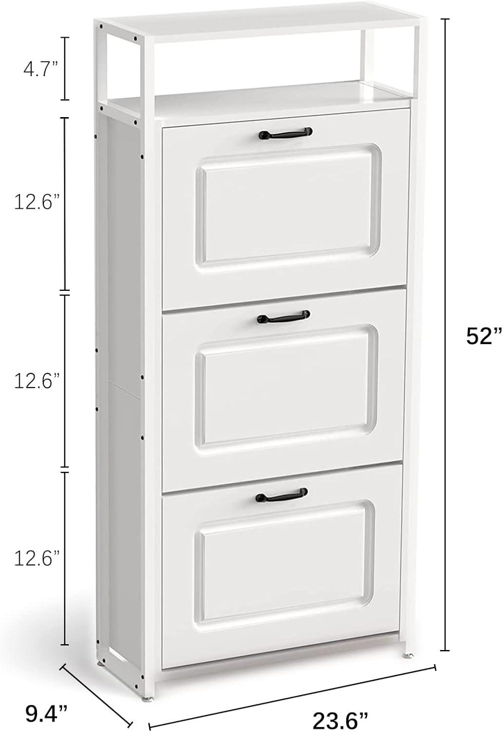 Drevy 3 Drawer Industrial Shoe Cabinet, Slim Freestanding Wood Shoe Rack Storage Organizer Stand with Doors, Metal Frame Open Storage Shelf, Anti Toppling for 15-18 Pairs White