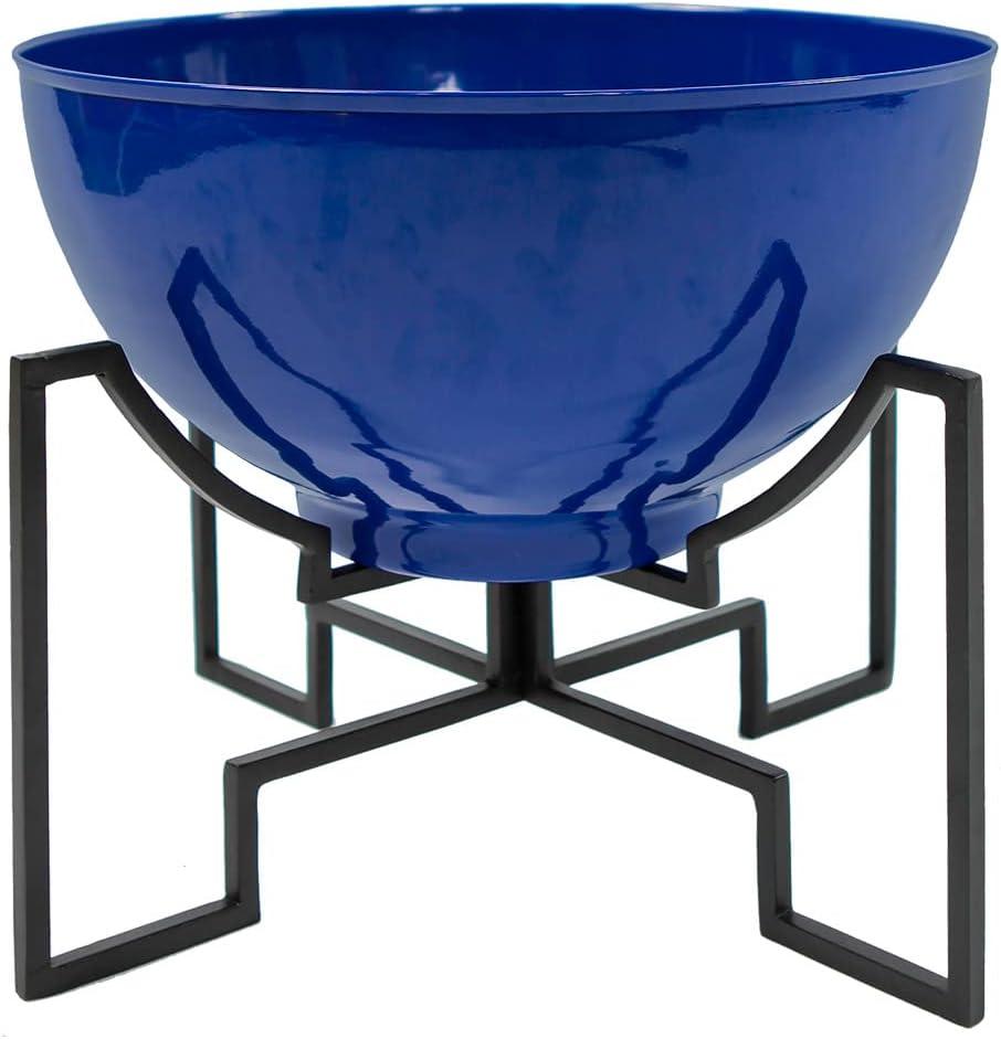 French Blue Galvanized Steel Round Plant Pot with Black Iron Stand