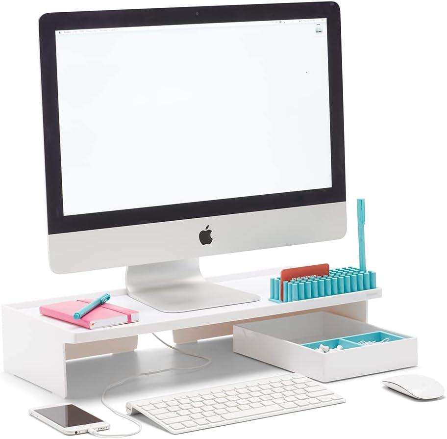 White Lacquer-Like Monitor Stand with Cable Cutout