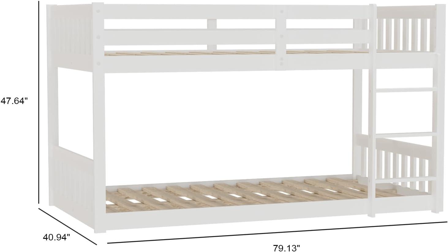 JOYMOR Wood Low Twin Over Twin Bunk Bed for Kids/Toddlers/Junior, Bunk Bed Frame with Guardrails & Ladder for Boys Girls, No Box Spring Needed, White